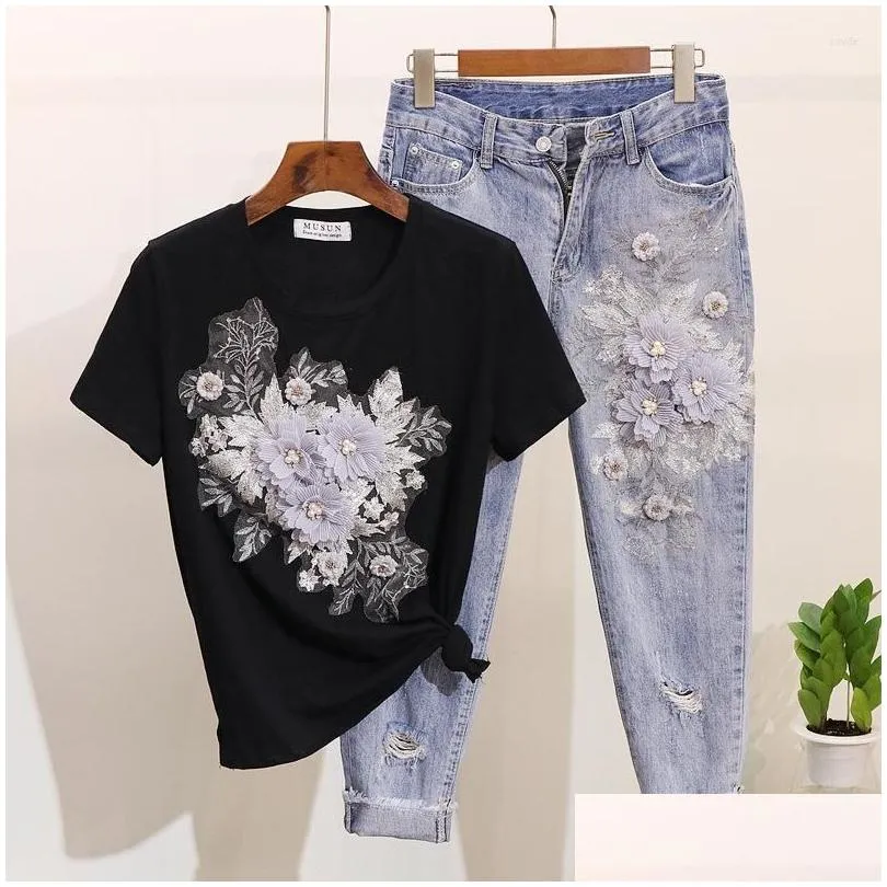 Two Piece Dress Amolapha Women Sequined Beaded 3D Flower Cotton T-Shirt Calf-Length Jeans Clothing Sets Summer Mid Calf Jean Drop Del Dh5Tf