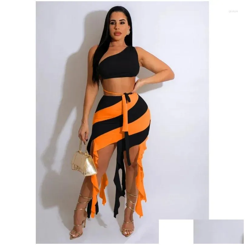 Work Dresses WUHE Beach Women`s Set Tassel Striped Midi Skirt Suit And One Shoulder Crop Top 2024 Sexy Party Outfit Fashion Two 2Piece