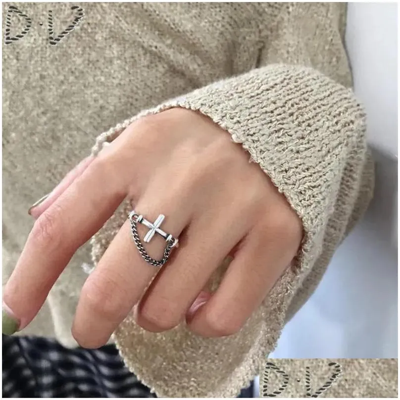 Cluster Rings Trendy Vintage Silver Fine Jewelry Personality Cross Chain Tassel Lines Arrow Opening For Women Girls Daily Accessories