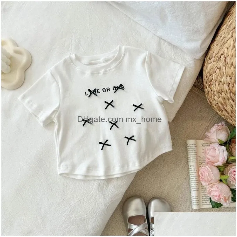 summer kids bow letter printed t-shirt ins baby girls short sleeve tees white lace cake skirts children cotton casual tops 2-7t s1314