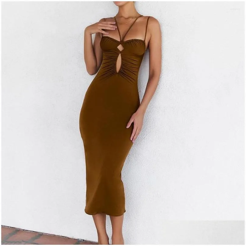 Casual Dresses Long For Women 2023 Spring/Summer Sexy Hollow Dress Women`s Explosive Fashion Folds Backless Hip Halter