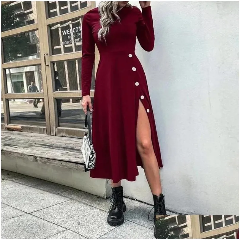 Casual Dresses Sexy Lady Long Sleeve Side Button Slit Dress Spring Autumn Women Solid 2024 Fashion Elegant O Neck Party