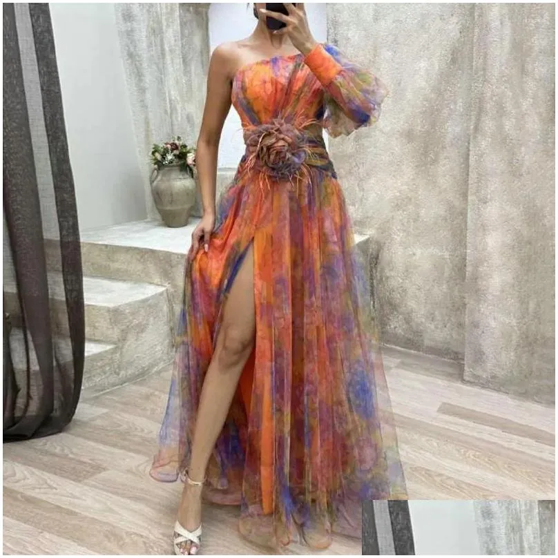 Casual Dresses Sexy A-line Evening Gown Elegant Formal Party Dress One Shoulder Tie-dye Ball With Mesh Bubble Sleeve Split Hem