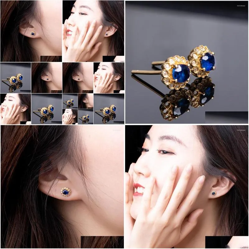 Stud Earrings 24K Gold Plated Imitation Royal Sapphire Flower Shaped