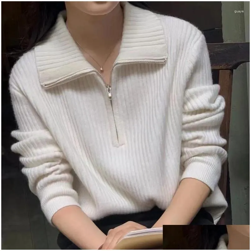 Women`s Sweaters Lucyever Autumn Winter Zipper Lapel Women Casual Thicken Soft Knitted Pullovers Female Solid Loose Long Sleeve Jumper
