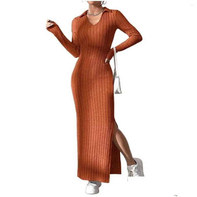 Casual Dresses Women Sheath Dress Elegant Pullover Turn-down Knitted Sweater Autumn Slim Fit Chic Female Midi Vestidos 2023