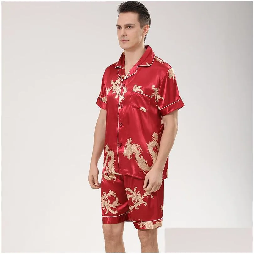 Men`S Sleepwear Men Satin Silk Pajamas Sets Shirts Shorts Male Pijama Sleep Wear Leisure Home Clothing Dragon Letter Loungewear Drop Dhb4F