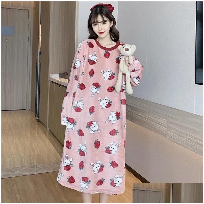 Women`s Sleepwear Winter Long Sleeve Print Thick Warm Flannel Nightgowns For Women Dress Coral Velvet Nightdress Night Nighty