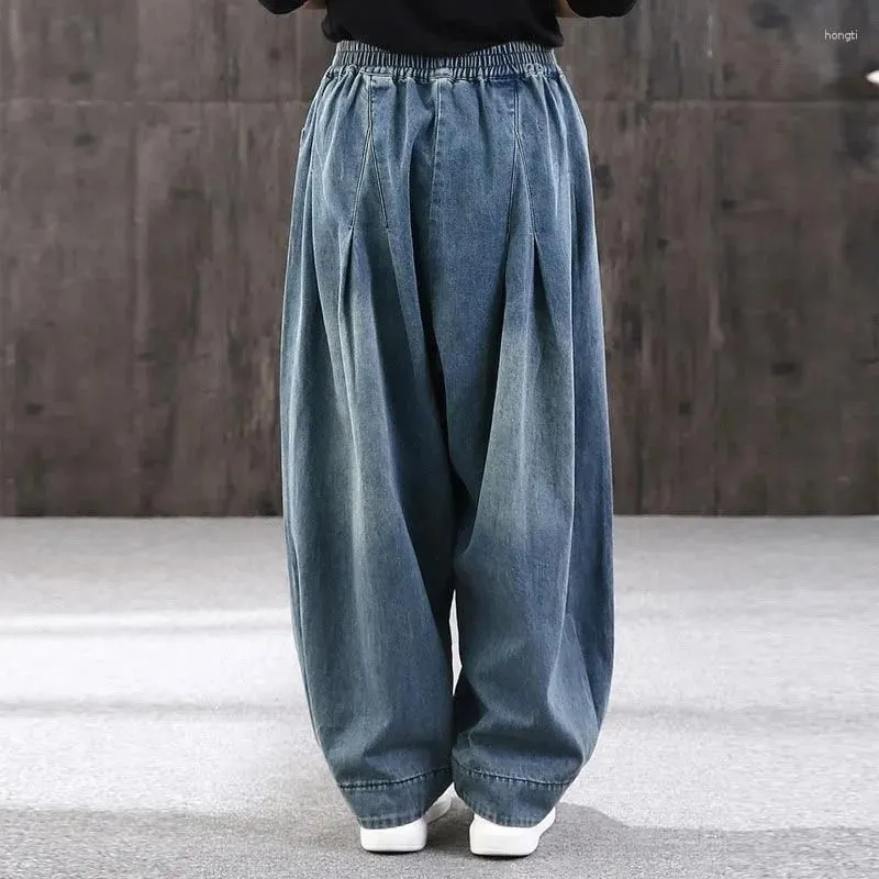 Women`s Jeans 2024 Loose Large Size Denim Wide Leg Haren Pants Female Art With Chinese Style Casual Sagging Bloomers Woman Clothing
