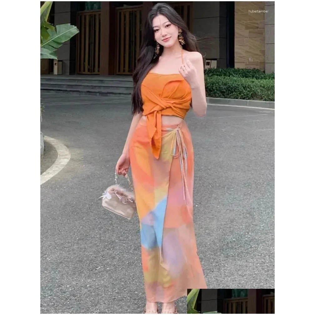 Work Dresses Summer Korean Chic Beach Crop Top 2 Piece Set Women Fashion Lace Up Skirt Backless Orange Blouse Outfits Female Clothes
