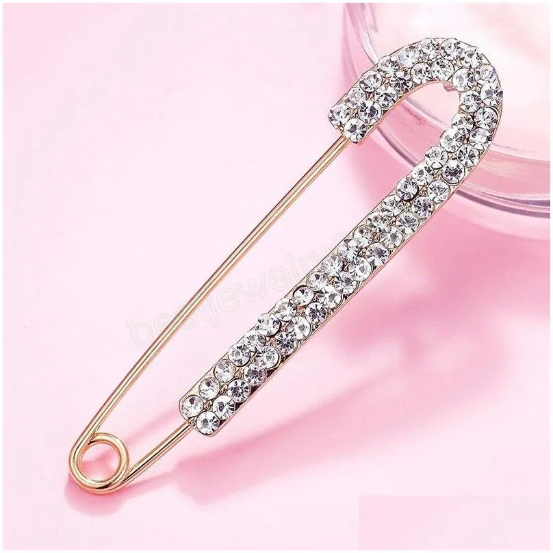 Pins, Brooches Luxurious Shiny Rhinestones For Women Fashion Elegant Gold Sier Color Safety Pins Brooch Ladies Cardigan Shawl Buckle Dho7T