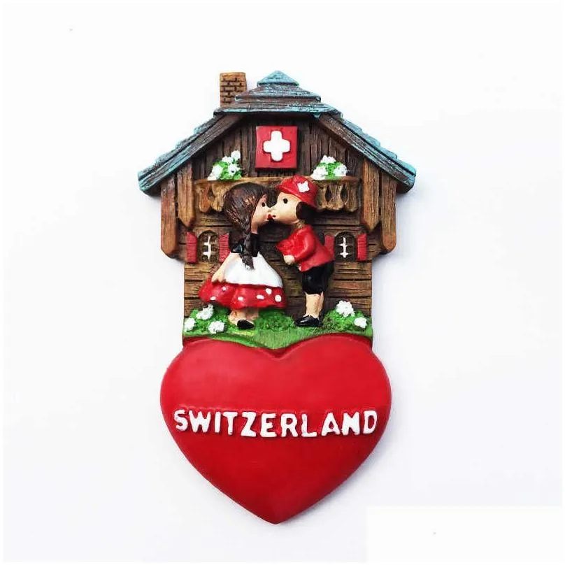 Fridge Magnets Switzerland Swiss Lovely Wooden House Cuckoo Clock Alpine Magnetick Refrigerator Stickers Souvenir Travel Gift L230621 Dhf0Z