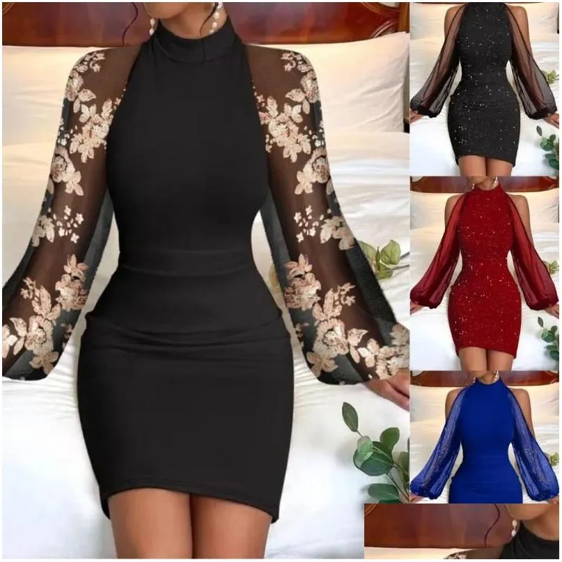 Casual Dresses Ladies Autumn/Winter Round Collar Lace Stitching Elegant Long-sleeved Dress Tunic Solid Color Sling Party Bodycon