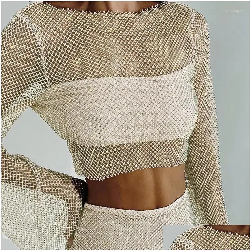 Work Dresses 2 Pieces Women Stes Long Sleeve Top Mini Skirt Summer Sexy See Through Solid Color Fashion Girls Women`s Clothing