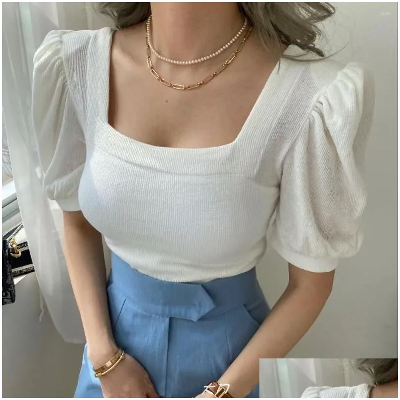 Women`S T-Shirt Womens T Shirts Harajpoo Fashion French Vintage Square Neck Bubble Sleeve Top Women Summer Short Elegant 2023 Drop Del Dhai6