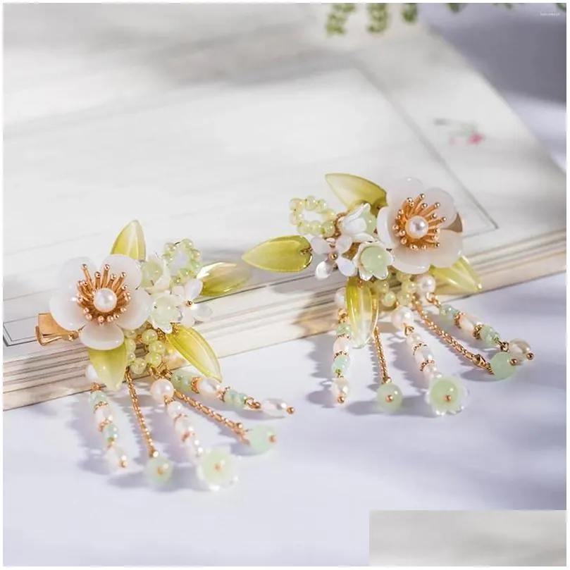 Hair Clips 2pcs Chinese Flower Hairpins Pearl Bride Ornament Barrettes Coloful Fringe Vintage Tiaras Headdress Jewelry