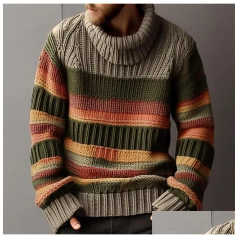 Autumn Men`s Sweaters Long Sleeve Fashion Turtleneck Men Vintage Striped Knitted Tops Mens Sweater Casual Loose Knit Pullover
