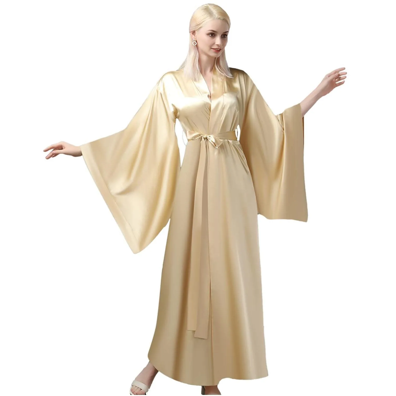 Bridesmaid Dress Elegant Elastic Silk Like Satin Bath Robe For Women Golden Side Split Strap High Quality Nightgown Plus Size Same As Otb7C