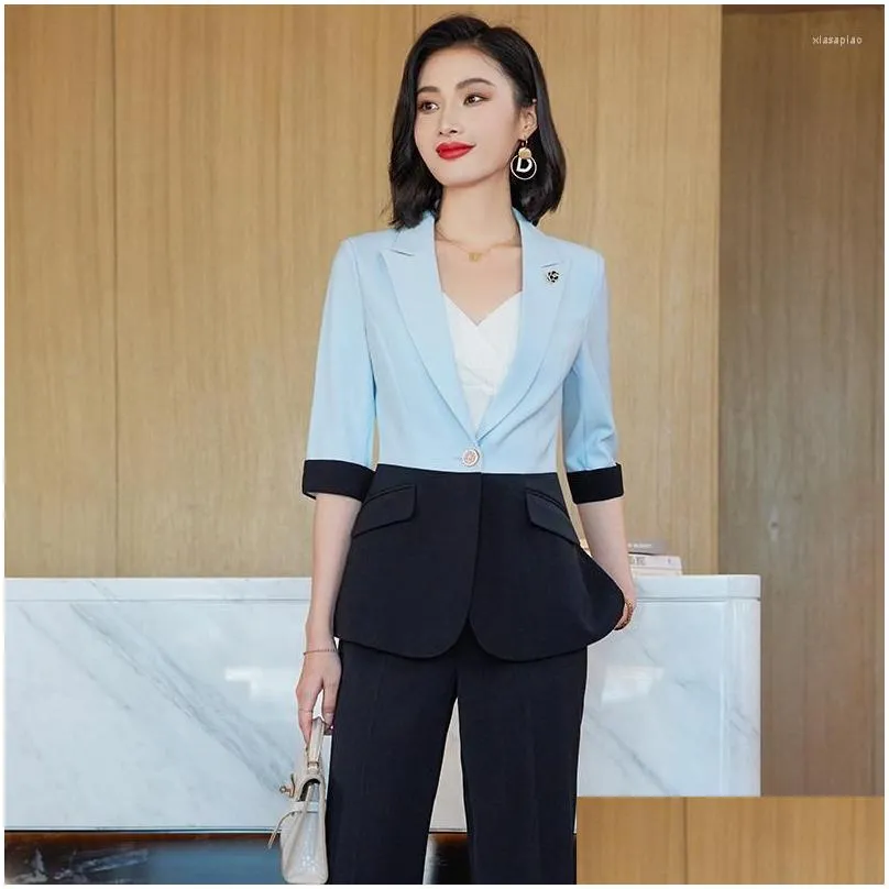 Women`S Two Piece Pants Womens High Quality Fabric Women Pantsuits With And Jackets Coat Professional Business Work Wear Blazers Trou Dhx4Y