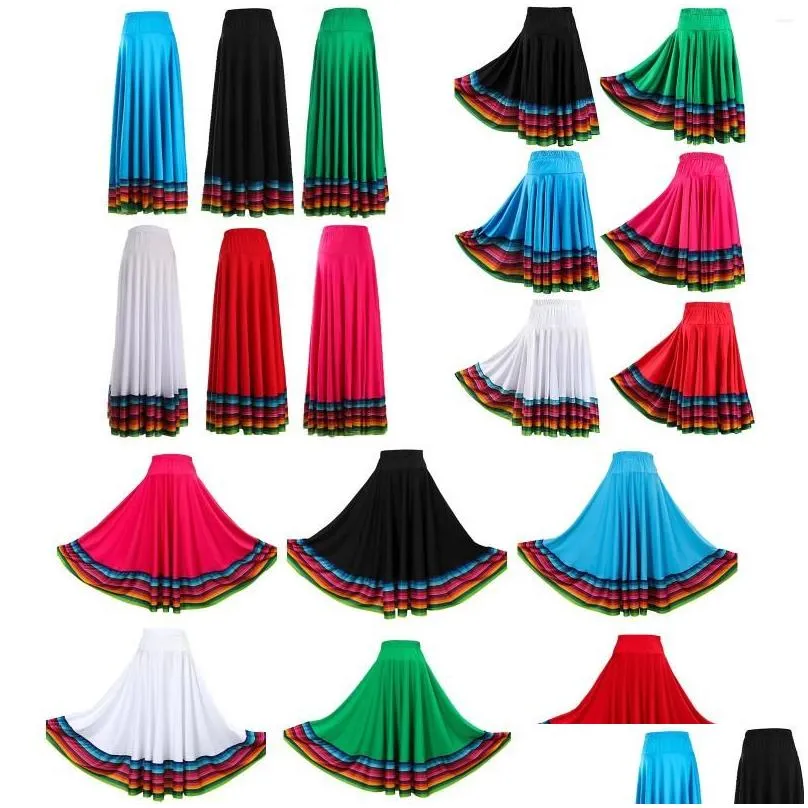 Skirts Womens Folklorico Dance Skirt Spanish Flamenco Colorf Big Swing Long Folkloric Mexican Folk Performance Costume Drop Delivery Dhju9