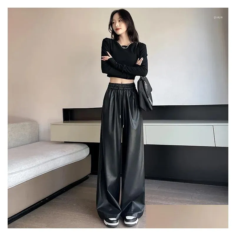 Women`s Pants Streetwear Fashion Oversized Women PU Spring Autumn All-match Vintage Solid Casual High Waist Pocket Wide Leg Trousers