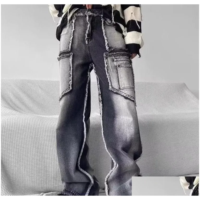 Men`s Jeans Designer Mens Male Loose Gray Y2k High Street Denim Pure Color Pattern Cargo Ripped Loose Pants