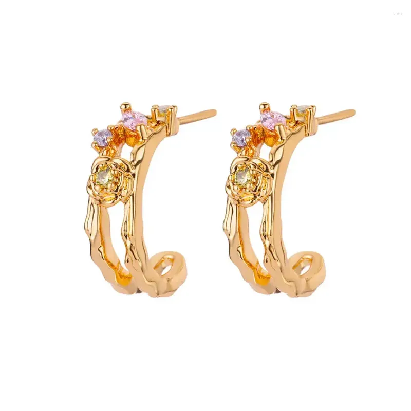 Stud Earrings Colored Zircon Flower For Women 18K Gold Plated Jewelry Embossed Piercing Hoop Ear Decoration Trend Accessories