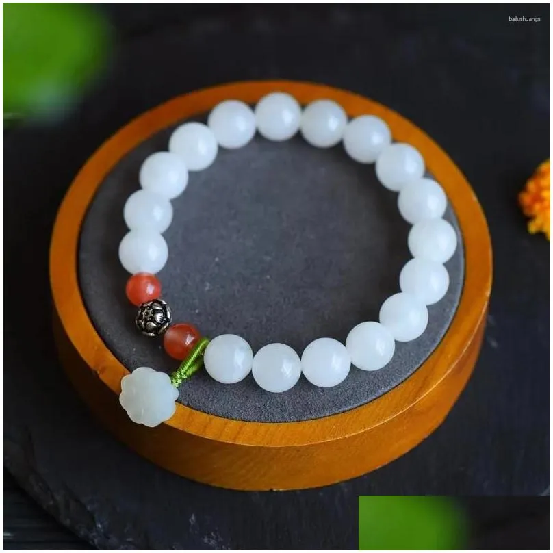 Strand Hetian Jade 10mm Round Bead Bracelet With Lotus Pod Ornaments 9407#