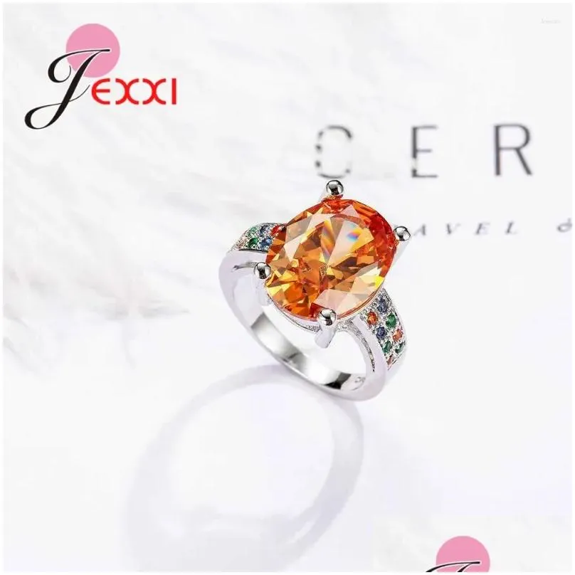 Cluster Rings European Women Oval Orange CZ Crystal Wedding Engagement 925 Sterling Silver Bands Jewelry Wholesale Anillos Bague