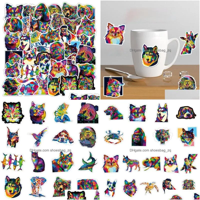 50Pcs/Lot Color Cat and Dog Sticker Animal Waterproof Scooter Car Guitar Trolley Motorcycle Personality Graffiti Stickers