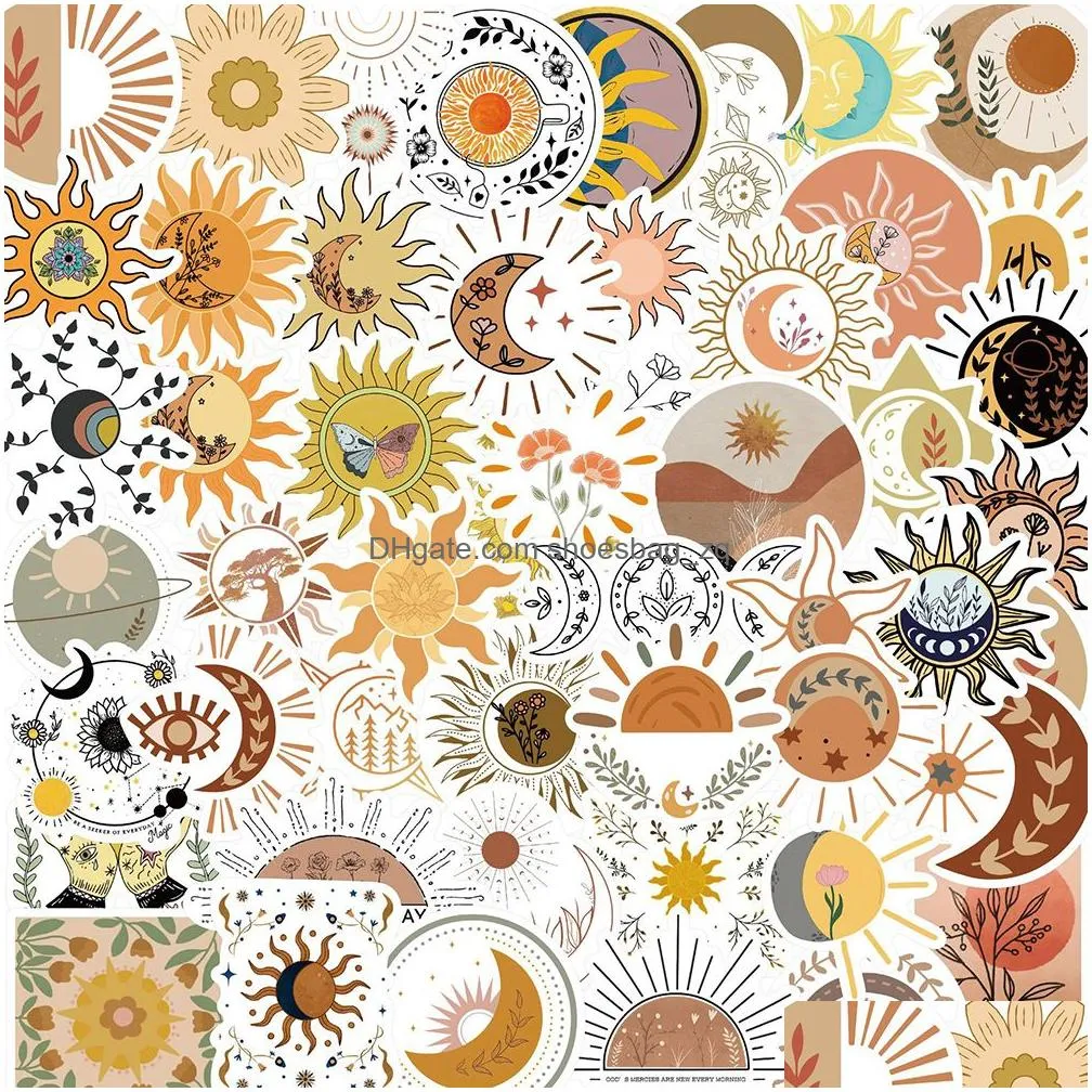 50PCS Cute Bohemian Sun Moon Flowers Stickers Aesthetic Laptop Guitar Phone Scrapbook Luggage Wall Cartoon Sticker