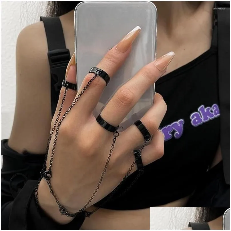 Cluster Rings 2023 Punk Geometric Silver Color Chain Wrist Bracelet For Women Men Charm Hip Hop Open Set Fashion Jewelry