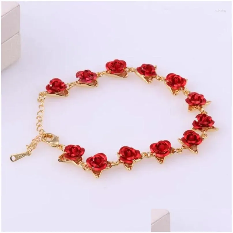 Charm Bracelets Romantic Adjustable Red Rose Link Chain Bracelet Fashion Valentine Gift For Lover Women`s Hand Bride Jewelry