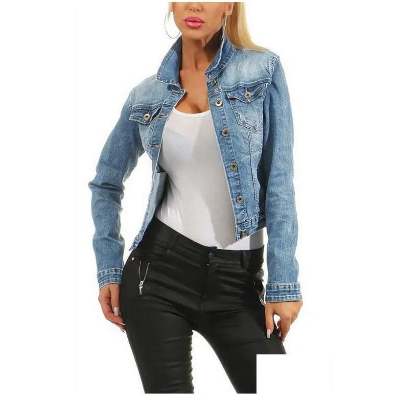 Women`S Jackets New Faded Wash Jeans Jacket Women Casual Single Breasted Denim Blue Black Loose Ladies Korean Drop Delivery Apparel Cl Dhenh