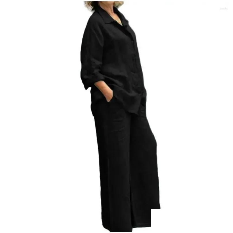 Women`s Two Piece Pants Casual Shirt Set Stylish Autumn 2-piece With Lapel Wide Leg Outfit For A