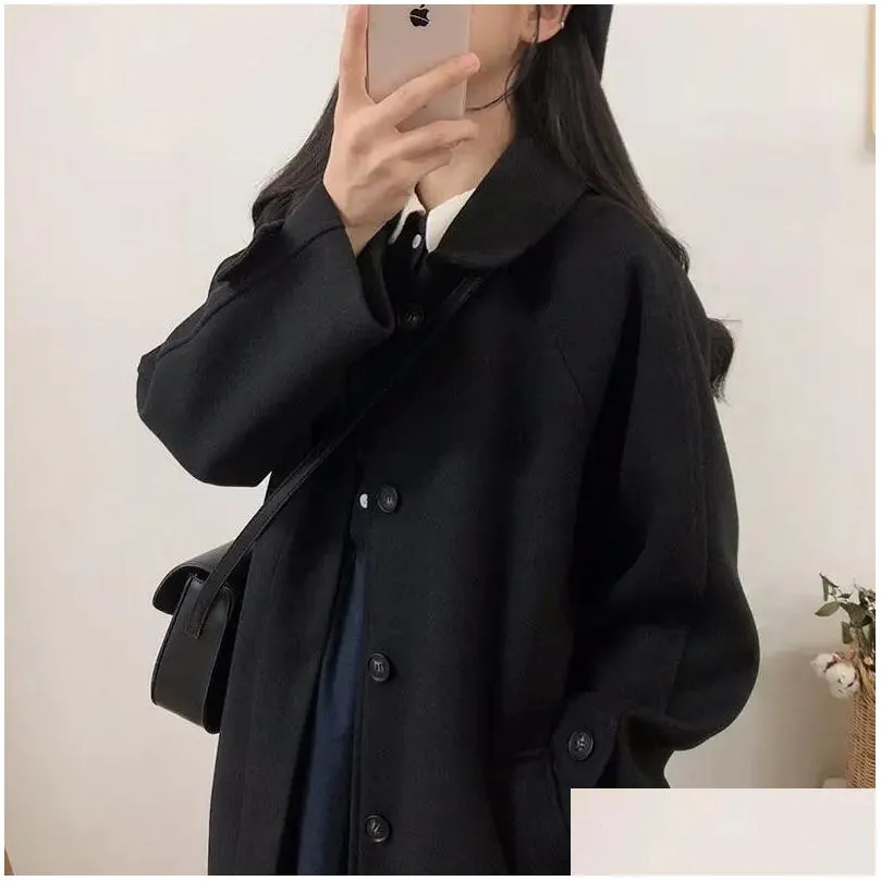 Women`s Wool Blends Coat Winter Korean Fashion Long Coated Thickened Woolen for Women Black Harajuku 231018