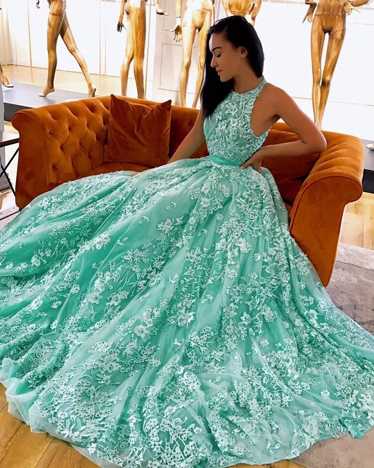 Green Beads Prom Dresses Jewel Neck Lace Appliques Evening Gowns 2020 Sweep Train A Line Special Occasion Dress Custom Made