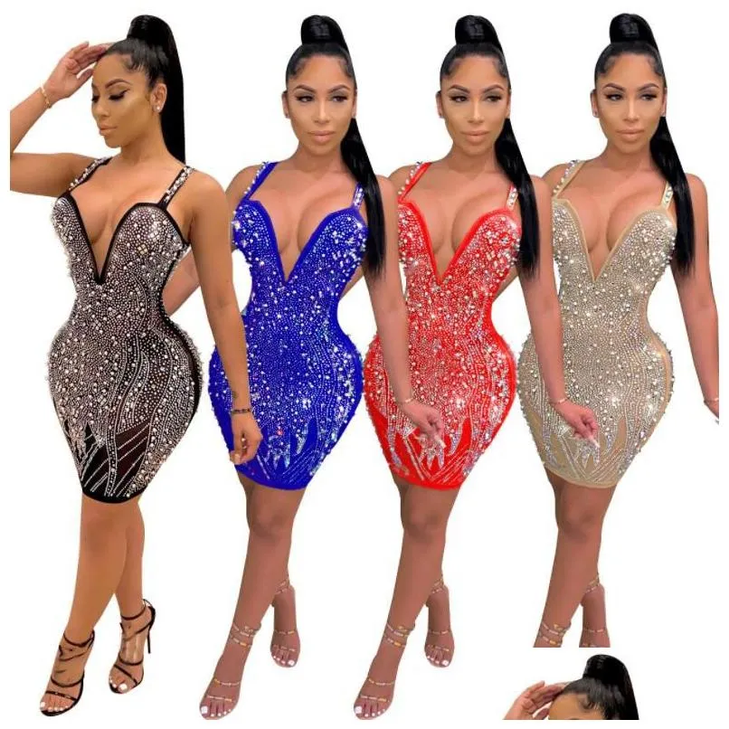 Summer Sexy Sparkle Sleeveless Sequins Pearl Crystal Party Dress Glitter Spagetti Straps Bodycon Celebrities Outfits Female Robes