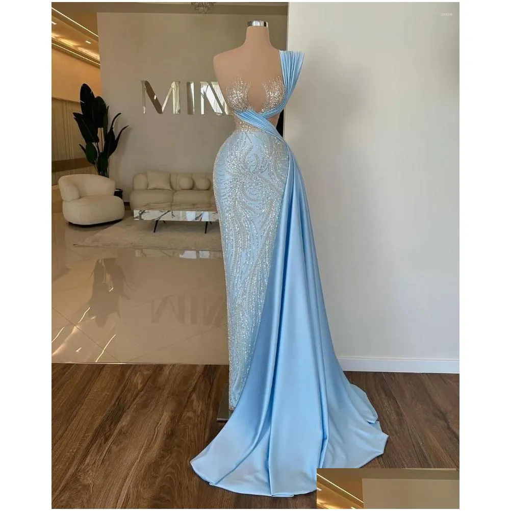 Party Dresses Light Blue Prom Sexy One Shoulder Sequins Appliques Pleats Evening Gowns Pageant Dress