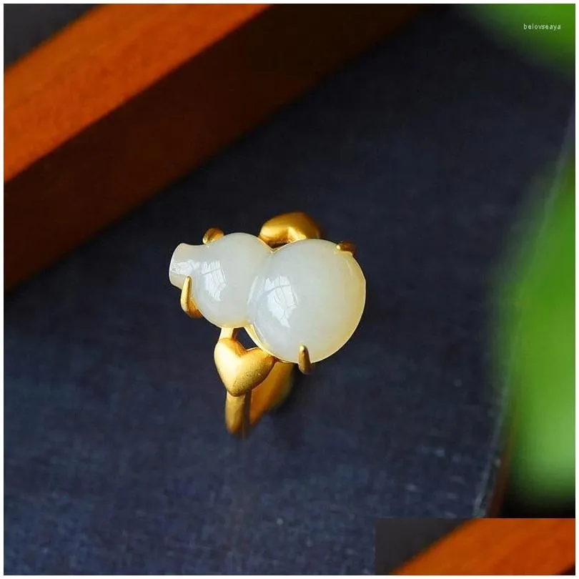 Cluster Rings Original Brand Natural Hetian Jade Gourd Open Adjustable Ring Exquisite Chinese Peach Heart Ladies Silver Jewelry