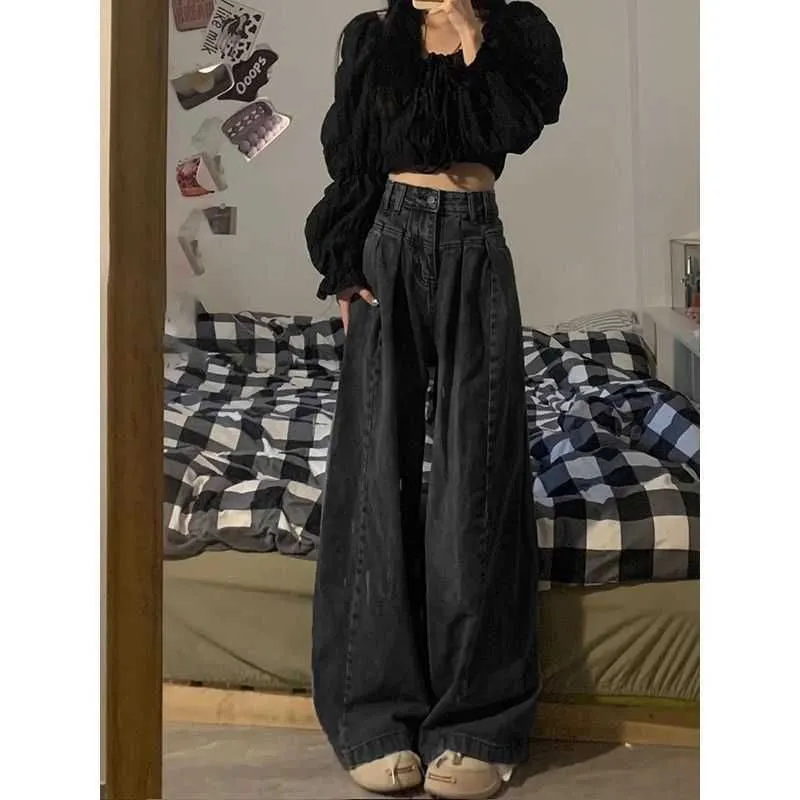Black Gray Wide Leg Jeans for Womens New Spring and Autumn High Waisted Slimming Loose Fitting Straight Versatile Floor Mop Pants Instagram