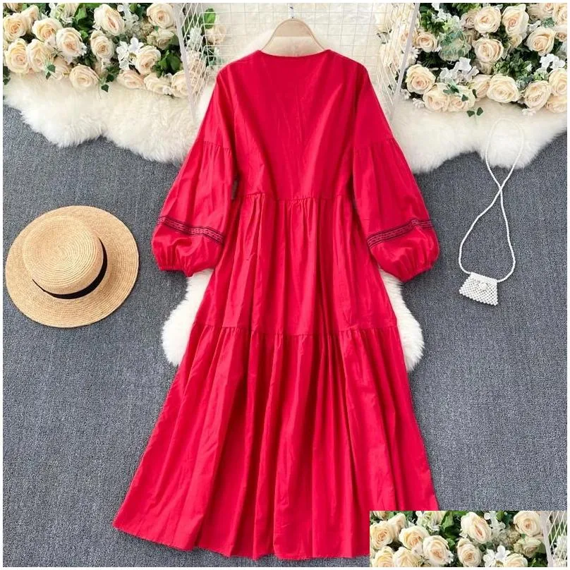 Casual Dresses Boho Maxi Dress Women Embroidery Printing Lantern Sleeve O-neck Female Loose Fit Ladies Lace-up Vestidos Drop