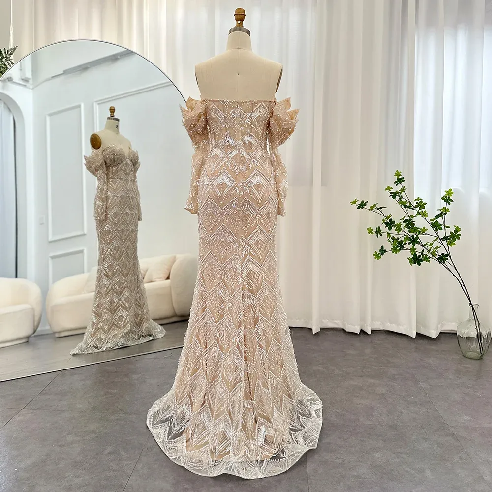 Sharon Said Luxury Dubai Off Shoulder Ivory Evening Dresses for Women Party Elegant Nude Long Mermaid Formal Dress