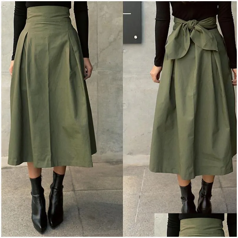 Skirts Shintimes Korean Fashion Solid Color Big Swing Women Skirt Long Autumn Wild High Waist Bow Slim 230710