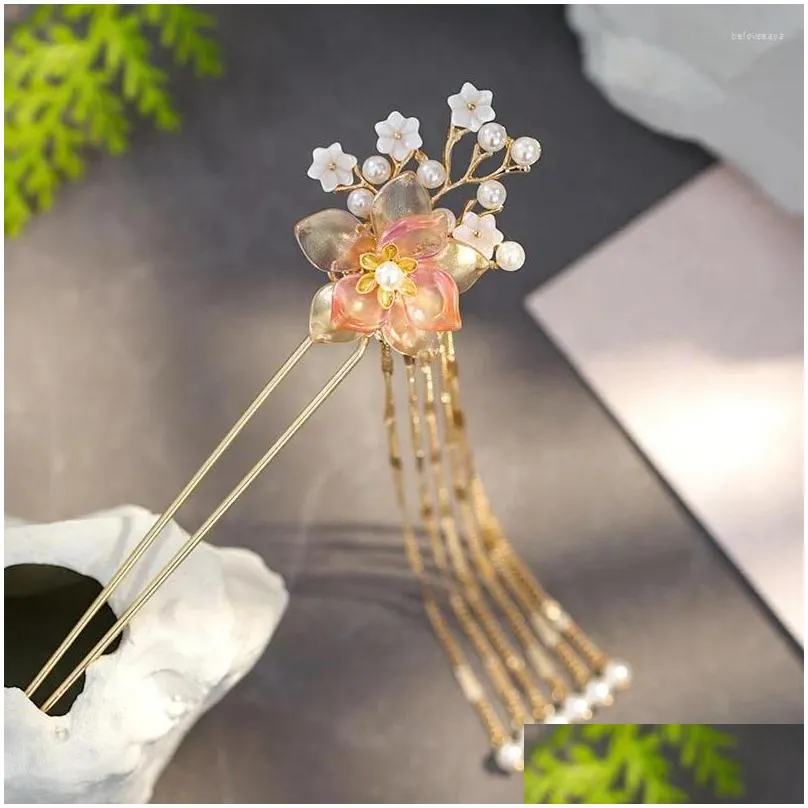 Hair Clips Antiquity Pearl Stick Imitation Jade Flower Hairpin Classical And Feminine Design Suitable For Ancient Costume Pos Or