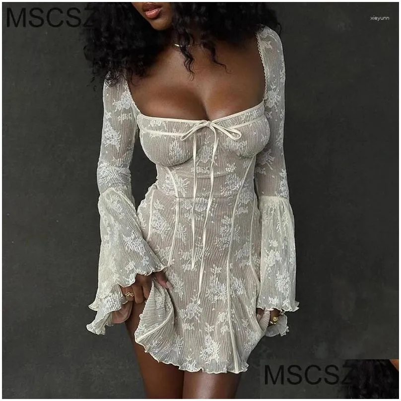Basic & Casual Dresses White Lace Dress For Women 2023 Autumn Winter A-Line Pleated Long Sleeve Mini Elegant Short Birthday Party Gow Dhdzm
