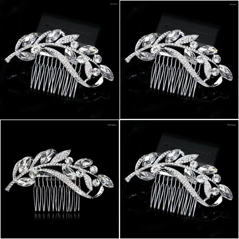Hair Clips Sparkling Rhinestone Crystal Leaf Branch Wedding Tiara Silver Color Bridal Combs Hairpins Women Accessories