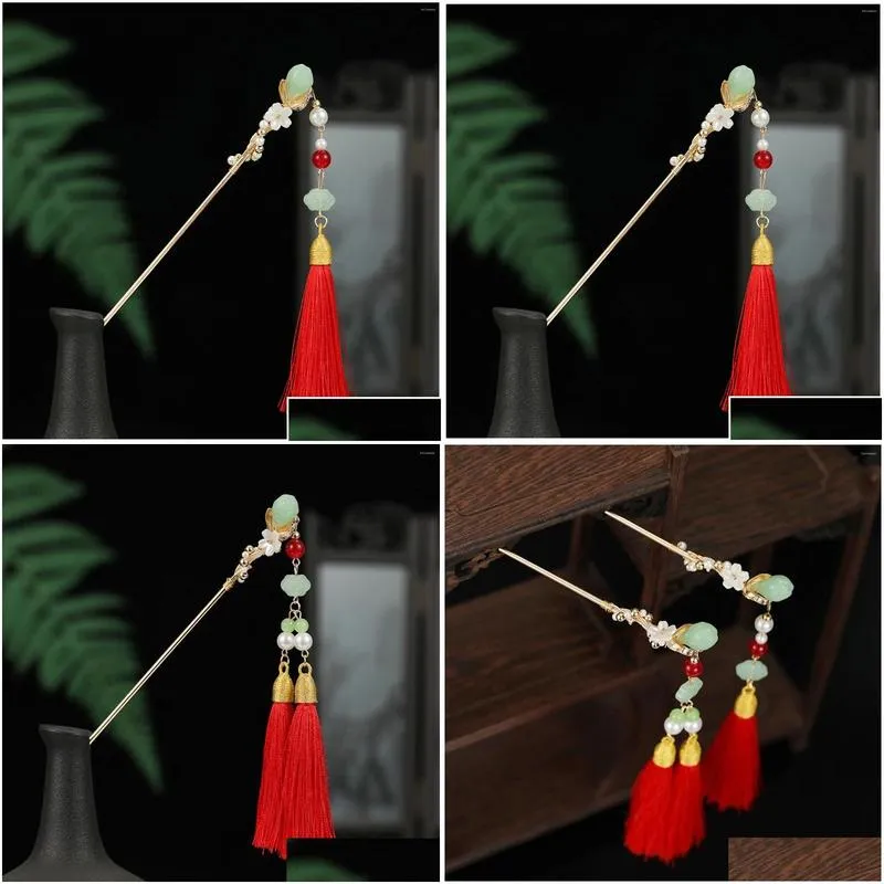 Hair Clips Chinese Stick Bun Headdress Retro Metal Chopsticks With Red Tassel For Woman Styling Hairdressing Salon