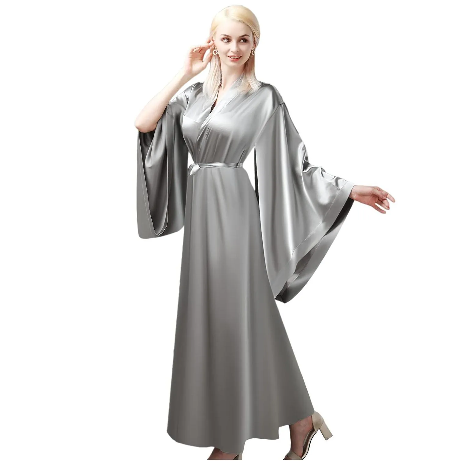 Bridesmaid Dress Elegant Elastic Silk Like Satin Bath Robe For Women Golden Side Split Strap High Quality Nightgown Plus Size Same As Otb7C