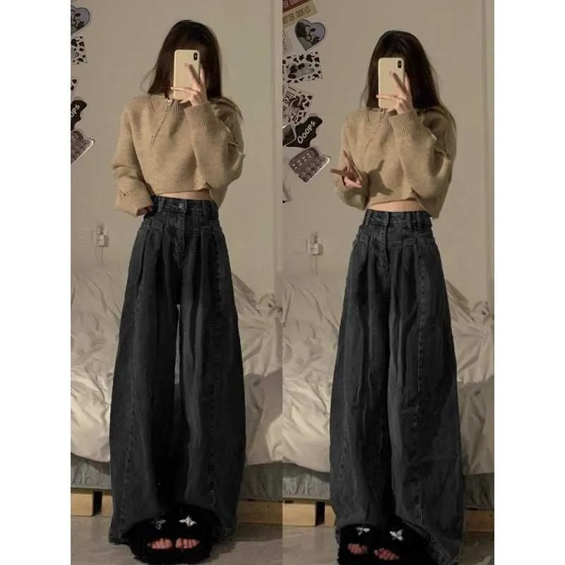 Black Gray Wide Leg Jeans for Womens New Spring and Autumn High Waisted Slimming Loose Fitting Straight Versatile Floor Mop Pants Instagram
